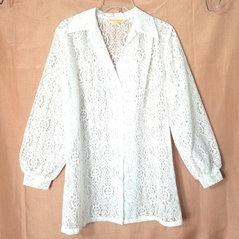 Vintage 70's Rhapsody White Lace Button Long Sleeve Shirt (Size M)